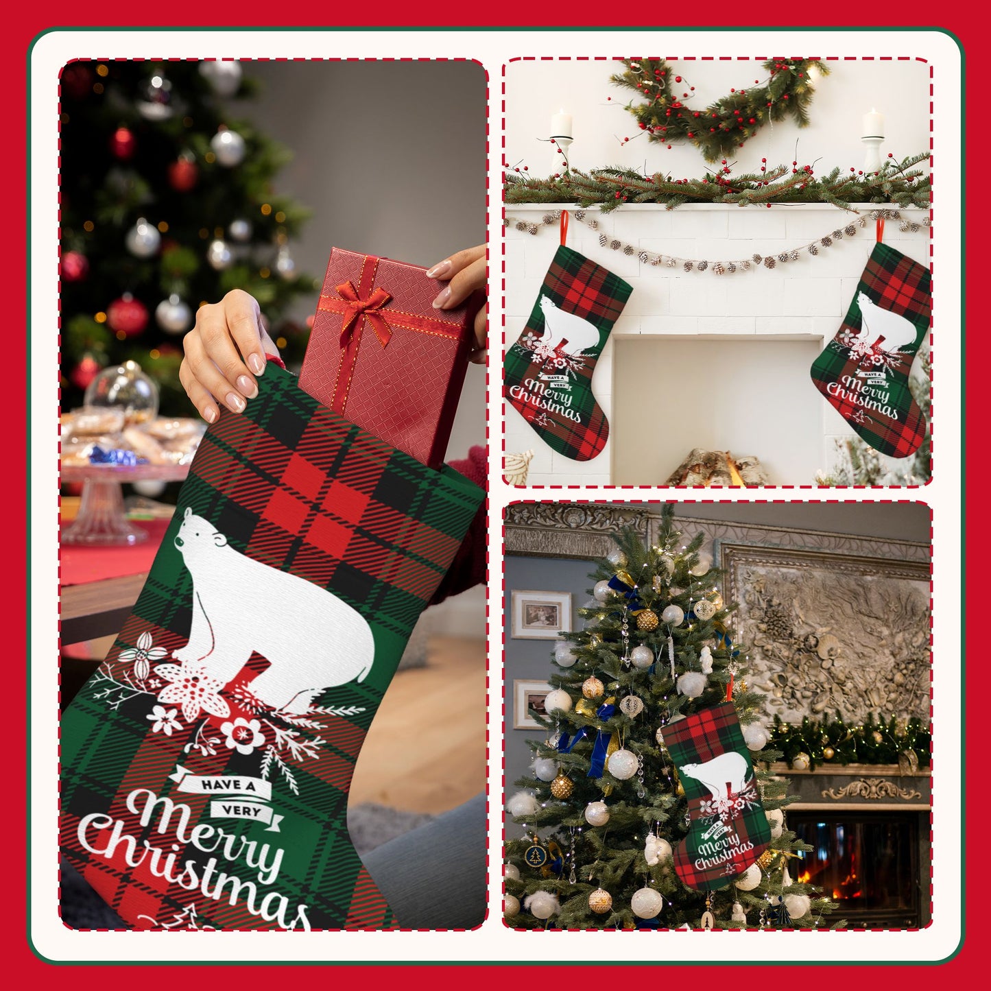 Personalized Christmas Stocking Bear Plaid