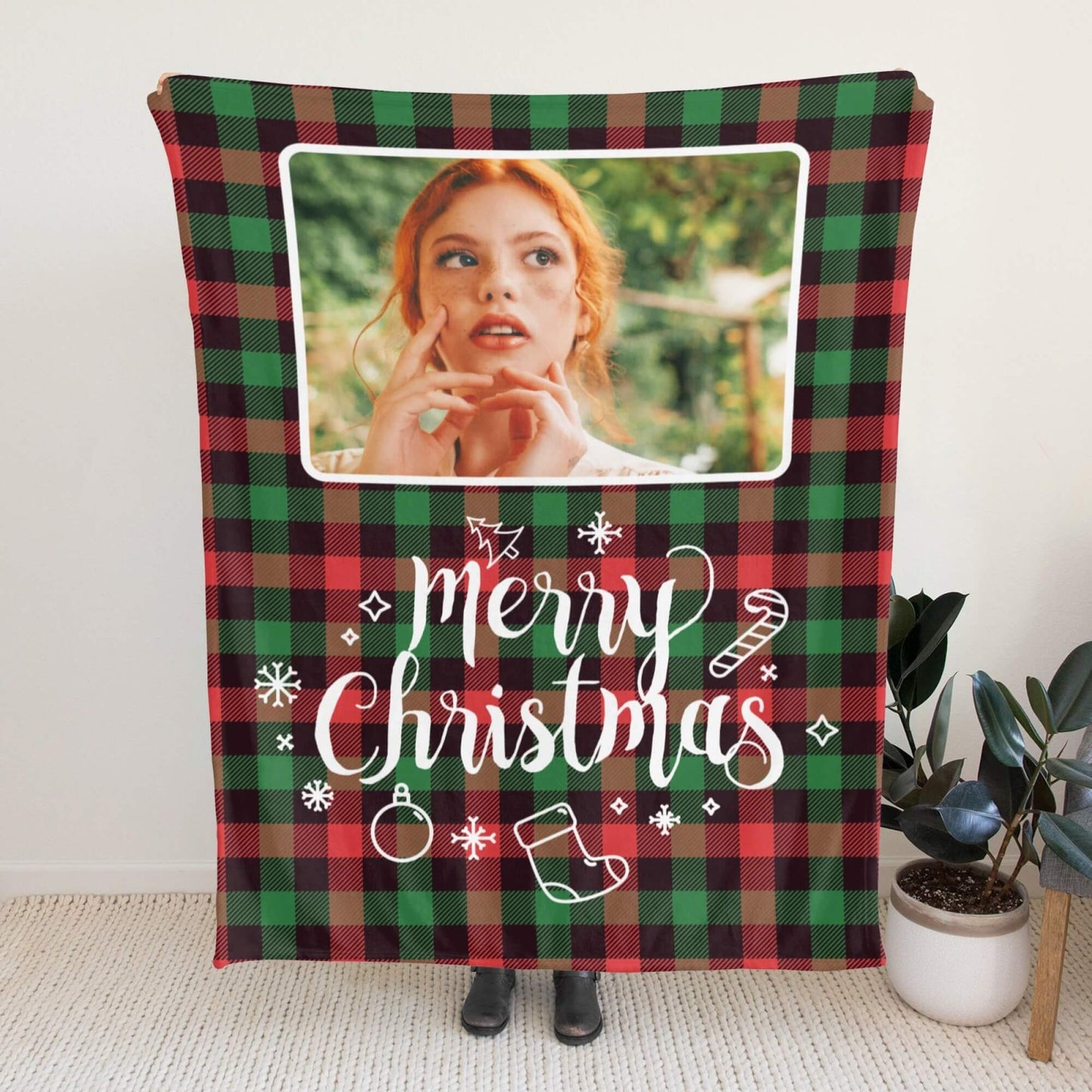 Custom Plaid Christmas Blanket with Photo