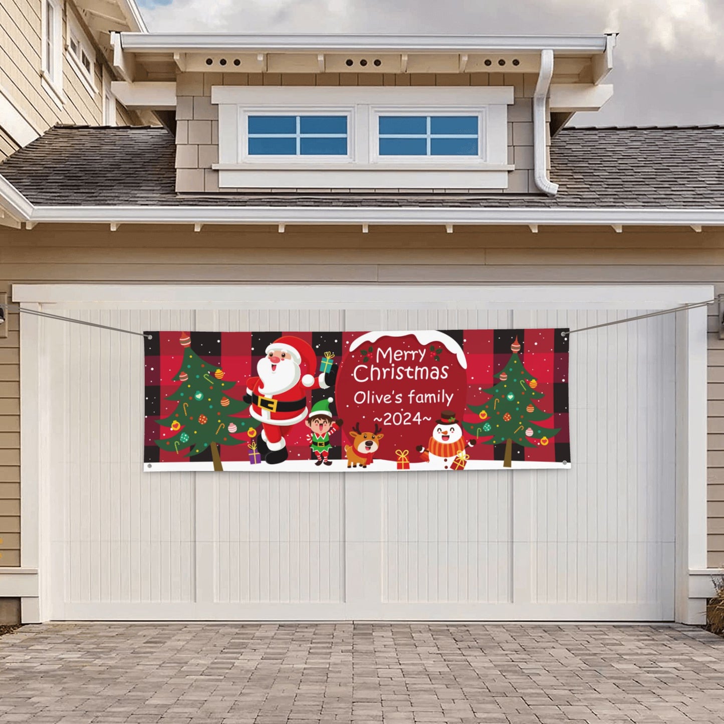 Personalized Christmas holiday banner with family name signs